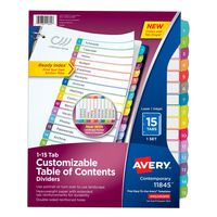 Avery 15-tab Dividers for 3 Ring Binders, Customizable Table of Contents, Multicolor Tabs, 1 Set (11845)