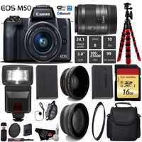 Canon EOS M50 Mirrorless Digital Camera with 15-45mm Lens + Flash + UV FLD CPL Filter Kit + Wide Angle & Telephoto Lens + Camera Case + Tripod + Card Reader - International Version Kit