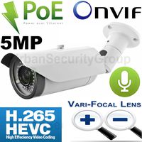 USG H.265 5MP 2592 x 1944 IP Bullet Security Camera: 2.8-12mm Vari-Focal 5MP HD Lens, Power Over Ethernet, 42x IR LEDs, IP66 NEMA 4X Outdoor Rated, ONVIF 2.42, RCA Audio :: Phone App