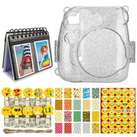 Glitter Clear Hard Case for Fuji Instax Mini 9, 8, 8+ Cameras + Album Desk Frame + Photo Peg Pins with Emoji Faces + Scrapbooking Stickers + 20 Sticker Frames for Fuji Instax Prints Emojis Package