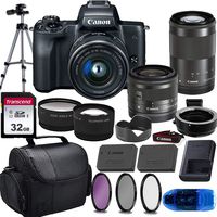Canon EOS M50 Mirrorless Digital Camera (Black) & 15-45mm STM + 55-200mm STM Lens w/EOS M Mount Adapter + 32GB Transcend Memory Card, Shoulder Bag & Essential Accessory Bundle