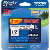 Brother Genuine P-touch, TZE2312PK, 1/2" (0.47") Standard Laminated P-Touch Tape, Black on White, Laminated for Indoor or Outdoor Use, Water Resistant, 26.2 Feet (8M),12 count (Pack of 6)