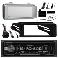 Kenwood KDCBT21 Bluetooth Radio USB AUX CD Player Receiver W/ Cover - Bundle With Install Dash Kit + Handle Bar Control + Enrock Antenna for 98 2013 Harley Touring Flht Flhx Flhtc Motorcycle Bike