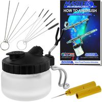 Master Airbrush 13 Piece Airbrush Cleaning Kit - Glass Cleaning Pot Jar with Holder, 5 pc Cleaning Needles, 5 pc Cleaning Brushes, 1 Wash Needle, How to Book