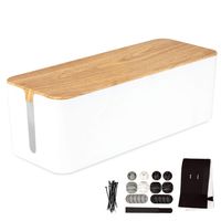 Large Cable Management Box - White Cord Organizer with Wood Top - Hider for Wires, Power Strips, Surge Protectors & More - Includes Cable Sleeve, Hook and Loop Keepers, Zip Ties & Clips