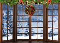 Christmas Wreath Window Backdrop Winter Blizzard Forest Snow Scene Snowflakes Photography Background Indoor Photo Booth Backdrops Party Banner Decoration 7X5FT