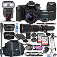 Canon EOS 80D DSLR Camera with 18-55mm Lens, 75-300mm Lens & 500mm Preset Lens + Premium Accessory Bundle Including Canon 300DG Case, TTL Speed Light Flash, 64GB Memory, Monopod, Aux Lenses & More