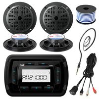 Pyle PATVR10 MP3 Bluetooth Marine Boat Yacht Stereo Receiver Bundle Combo With 4x Black 5-1/4'' Inch Dual Cone Waterproof Stereo Speaker + Enrock Radio Antenna + USB/AUX To RCA Cable +18G 50-FT Wire