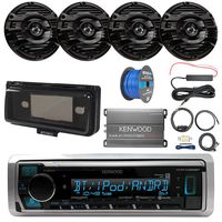 Pontoon Boat Audio Package: Kenwood KMR-M325BT Marine Bluetooth Receiver, Radio Cover, 4x Kenwood KFC-1653MRB 6.5" 2 Way Marine Speakers (Black), 4-Ch Amplifier, Amp Booster Kit, Amp Kit, Speaker Wire