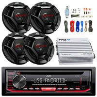 JVC KDR490 Car Radio USB AUX CD Player Receiver - Bundle Combo with 4X 6.5 Inch 300-Watt 2-Way Black Audio Coaxial Speakers + + 4-Channel Amplifier + Amp Kit