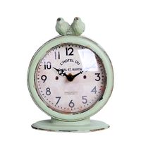 NIKKY HOME Shabby Chic Pewter Round Quartz Table Clock with 2 Birds, 4.75" x 2.5" x 6.12", Light Green