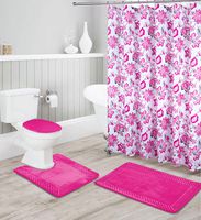 Luxury Home Collection 16 Piece Embossed Memory Foam Non-Slip Bathroom Rug Set Includes Bath Rug Mat, Contour Mat, Toilet Lid Cover, Shower Curtain, and 12 Metal Roller Hooks (Hot Pink)