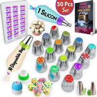 RFAQK - 50 Pcs Russian Piping Tips Set- 15 Numbered, Easy to Use Icing Nozzles - 2 Leaf Tips - 2 Couplers -30 Icing Bags -1 Pastry Bag- Pattern Chart,E.Book User Guide, cupcake decorating Kit supplies