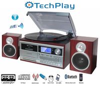 TechPlay ODC128BT 3-Speed Turntable with Cassette Player/Recorder, CD,MP3 SD Card / USB Player, Digital AM / FM Radio, AUX in, Line Out Alarm Clock , Remote and External Speakers (Cherry Wood)