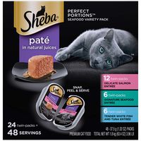 (24 Pack) SHEBA PERFECT PORTIONS Wet Cat Food Paté in Natural Juices Signature Seafood Entrée, Delicate Salmon Entrée, and Tender Whitefish & Tuna Entrée Variety Pack, (24) 2.6 oz. Twin-Pack Trays