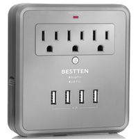 BESTTEN 4.2A 4 USB Wall Charger with 3 AC Outlets, Wall Mount Surge Protector with 2 Slide-Out Phone Holders, ETL Certified, Grey