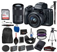 Canon EOS M50 Mirrorless Digital Camera with EF-M 15-45mm and EF-M 55-200mm Lenses (Black) and 17PC Accessory Bundle - Includes SanDisk Ultra 64GB SD Card + 2X Replacement Battery + More