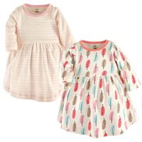 Touched by Nature Girls, Toddler, and Baby Organic Cotton Long-Sleeve Dresses, Feather, 0-3 Months