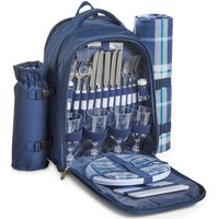VonShef 4 Person Outdoor Picnic Backpack Bag Set with Insulated Cooler Compartment - Includes Picnic Blanket, Detachable Bottle Wine Holder, Flatware and Plates - Navy Tartan