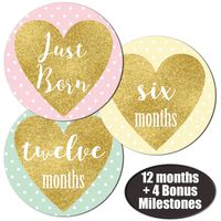 Gold Heart Baby Monthly Stickers for Girls W/ 4 Milestone Belly Decals, Newborn Month by Month Sticker Set of Photo Pictures Props for Infant Onesie, Registry Shower Gift or Scrapbook Photo Keepsake