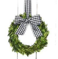 Small Mini Preserved Boxwood Wreath for Spring, Summer, Everyday w/Black & White Taffeta Gingham Check Ribbon & Bow for Farmhouse Home Decor, Farmhouse Style, Gift, Handmade, Choose 6 or 8 Inch