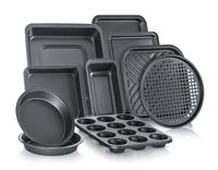 Perlli 10-Piece Non-Stick Bakeware Set, Includes Oven Crisper, Pizza Tray, Roasting, Loaf, Muffin, Square, 2 Round Cake Baking Pans, Large and Medium Nonstick Cookie Sheet Bake Ware for Home Kitchen