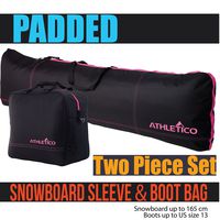 Athletico Padded Two-Piece Snowboard and Boot Bag Combo | Store & Transport Snowboard Up to 165 cm and Boots Up to Size 13 | Includes 1 Padded Snowboard Bag & 1 Padded Boot Bag (Black with Pink Trim)