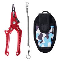 SAMSFX Locking Aluminum Fishing Pliers Saltwater Braid Line Cutting Split Ring Pliers with Coiled Wire Lanyard and Camo Sheath (A: Red Pliers with Camo Sheath)