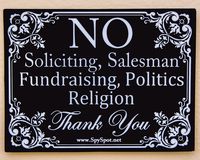 2 Pack - Polite No Soliciting - Vinyl Decal Sign Self Adhesive Heavy Duty Stickers 4" x 3" | Weatherproof UV Resistant | Stylish Design for Home Business Door Window Gate by Spy Spot