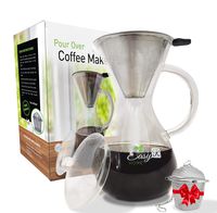 EasyR Home Pour Over Coffee Brewer - 37 oz/1100 ml Dripper Set, Hand-Drip Coffee Maker Pot with Heavy-Duty Borosilicate Glass Carafe and Lid, Paperless Stainless Steel Reusable Filter and Tea Infuser