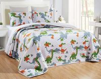 3-Piece Oversize (California) Cal King (118" X 95") Dinosaur Quilt Set Children's Reversible Bedspread Coverlet Queen Size Bed Cover (White, Orange, Green, Grey)