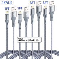 XnewCable 4Pack(1ft 1ft 3ft 3ft) Lightning Cable iPhone Charger Apple MFi Certified Nylon Braided Long Fast USB Cord Compatible for iPhone 11Pro MAX Xs XR X 8 7 6S 6 Plus SE 5S 5C (Light Gray)