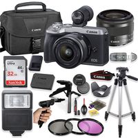 Canon EOS M6 Mark II Mirrorless Digital Camera (Silver) EV-DC2 Viewfinder Kit with 15-45mm STM Lens + Deluxe Bundle Including Sandisk 32GB Card, Canon Case, Flash, Grip Tripod, 50" Tripod, and More.