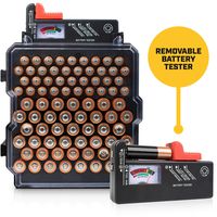 Battery Organizer Storage Case with Battery Tester - Volt Vault 83 Slot AA/AAA Battery Holder Rack and Dispenser, Wall Mount Caddy Box for Batteries