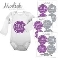 12 Monthly Baby Stickers, Purple & Gray, Girl, Baby Belly Stickers, Monthly Onesie Stickers, First Year Stickers Months 1-12, Purple, Grey, Arrows, Tribal, Baby Girl