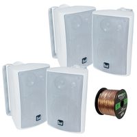 4X Dual Electronics LU47PW 4 Inch 100-Watt 3-Way Indoor/Outdoor High Performance Bookshelf Studio Monitor White Speakers w/Swivel Brackets, Enrock 16-G 50 Ft Audio Speaker Wire