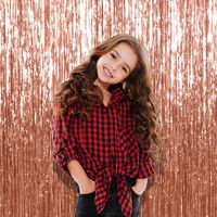 Rose Gold Metallic Foil Fringe Curtains 3 x 8 Feet Tinsel Pack of 3 Photo Booth Props for Birthday Bachelorette Wedding Engagement Bridal Shower Graduation Retirement Party Decorations