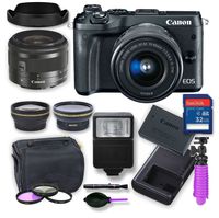 Canon EOS M6 Mirrorless Digital Camera Kit with 15-45 mm Canon Lens + Wide Angle and Telephoto Lens, Digital Remote Flash, Canon Battery, 32 gig Memory Card, 3 Filter Kit, Case, Tripod & Cleaning Kit