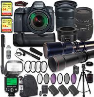Canon EOS 6D Mark II DSLR Camera w/ 24-105mm STM Lens, Sigma 70-300mm Lens, 500mm Lens & 650-1300mm Lens + 64GB Sandisk Extreme Cards + TTL Flash (# 58/190 ft) + 60" Tripod + Professional Kit