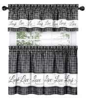 GoodGram Country Gingham Check Live~Laugh~Love 3 Pc. Café Plaid Kitchen Curtain Set - Assorted Colors & Sizes (Charcoal, 36 in. L)