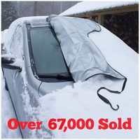 SnowOFF Extra Large Windshield Snow Ice Cover - FIT Any CAR, SUV Truck Van - Windproof Straps, Wings, Suction Cups, Magnets - Bonus Demist Cloth + Blanket - Winter Frost Automotive Hood Covers