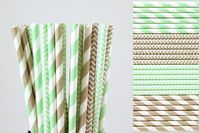 Mint Green and Grey Paper Straw Mixk - Striped and Chevron (100)