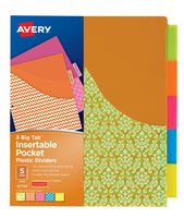 Avery Big Tab Insertable Plastic Dividers with Pockets, 5 Tabs, 1 Set, Assorted Fashion Designs (07714)