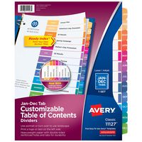 Avery Jan-Dec Tab Dividers for 3 Ring Binders, Customizable Table of Contents, Multicolor Tabs, 1 Set (11127)
