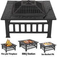 LEMY 32 inch Outdoor Square Metal Firepit Backyard Patio Garden Stove Wood Burning BBQ Fire Pit with Rain Cover, Faux-Stone Finish