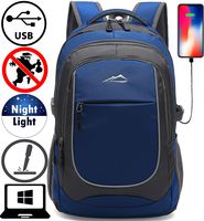 Backpack for School College Student Sturdy Bookbag Travel Business with USB Charging Port Laptop compartment Chest Straps Anti Theft Night Light Reflective (Blue)