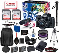 Canon EOS M50 Mirrorless Digital Camera with 15-45mm Lens (Black) Video Creator Kit & Deluxe Accessory Bundle - Includes: 96GB of SanDisk Ultra Memory + 3PC Multi-Coated Filter Set + Backpack + More