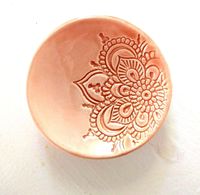Peach Ring Dish - Handmade Jewelry Bowl - Bohemian/Boho dish with stamped lotus and peach glaze