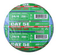 Cat5e Bulk Cable Raw 250ft Pure Copper, Plenum Rated, Solid, 350Mhz, 24AWG, UTP, CMP, Blue by Syston Cable