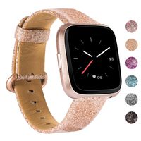 Wearlizer Bling Wide Leather Band Compatible with Fitbit Versa 2/Versa/Versa Lite/Versa SE,Vintage Genuine Soft Replacement Women Large Small Strap(Glitter Rose Gold)